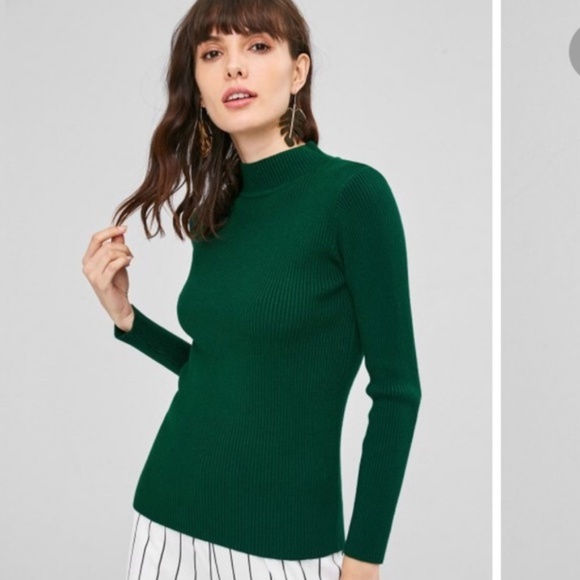 Sweaters - Emerald Green Ribbed Knit Mock Neck Sweater Top